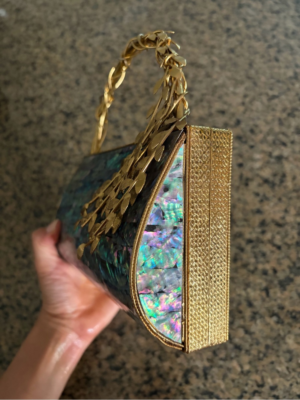 Iridescent Abalone Evening Clutch with Gold Leaf Handle - Picture 2 of 4